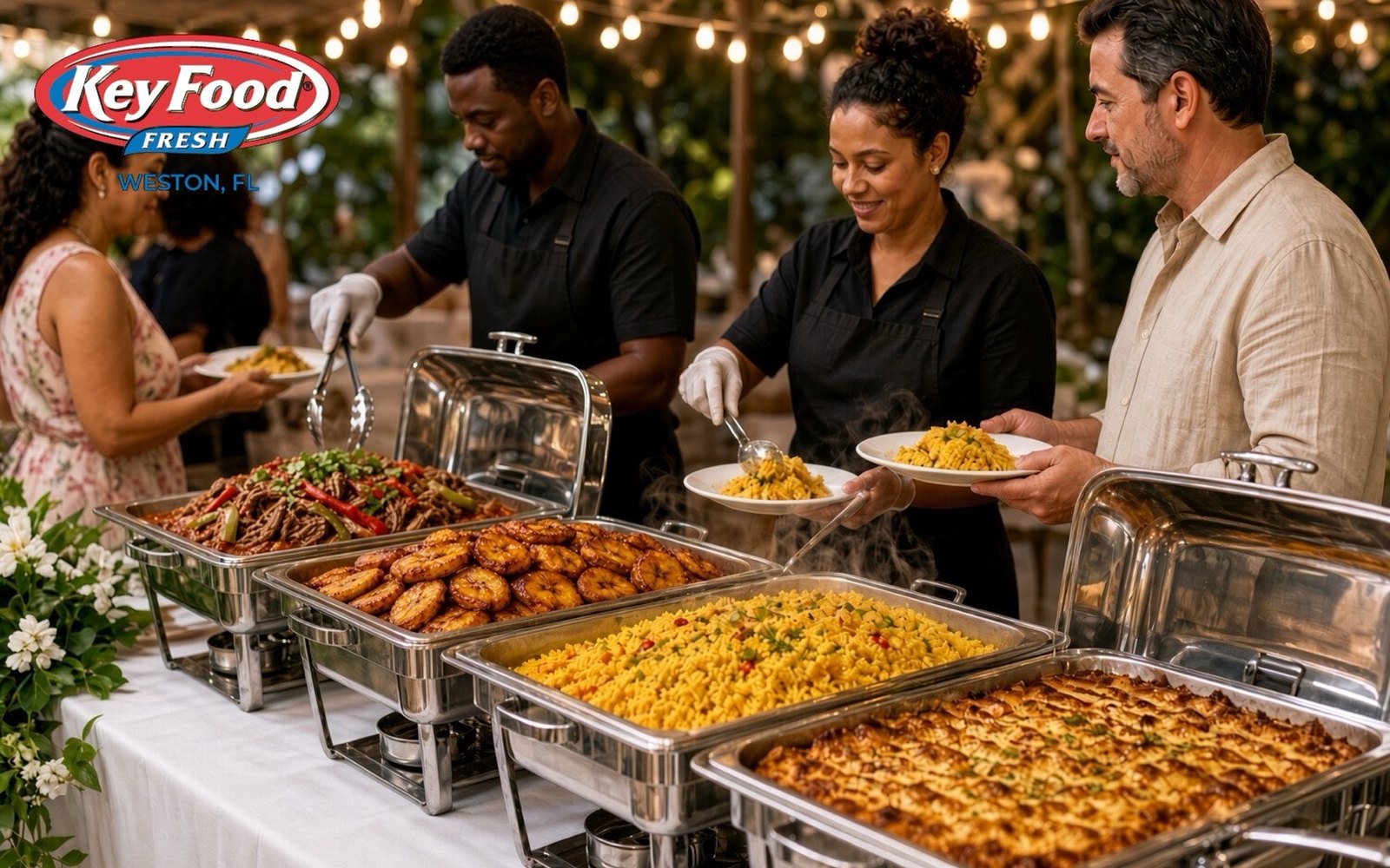 Catering buffet with yellow rice and plantains