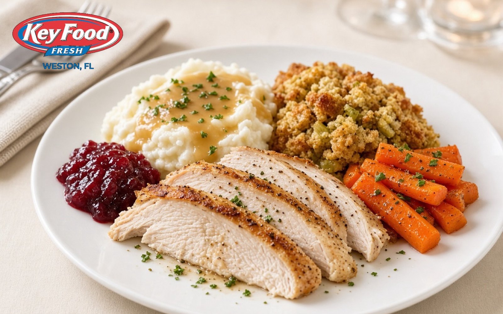 Plated turkey dinner with stuffing and carrots