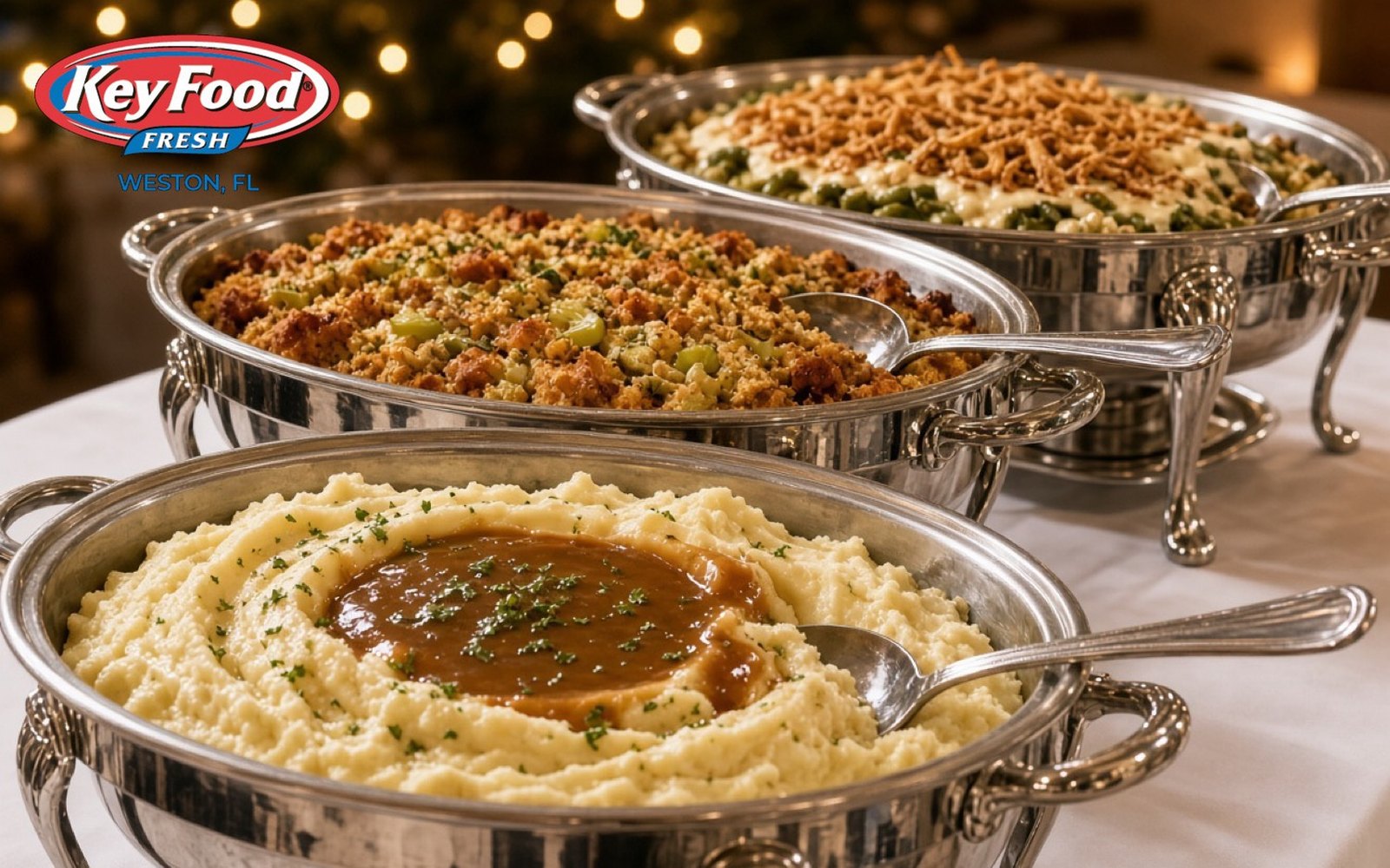 Mashed potatoes, stuffing, and green beans