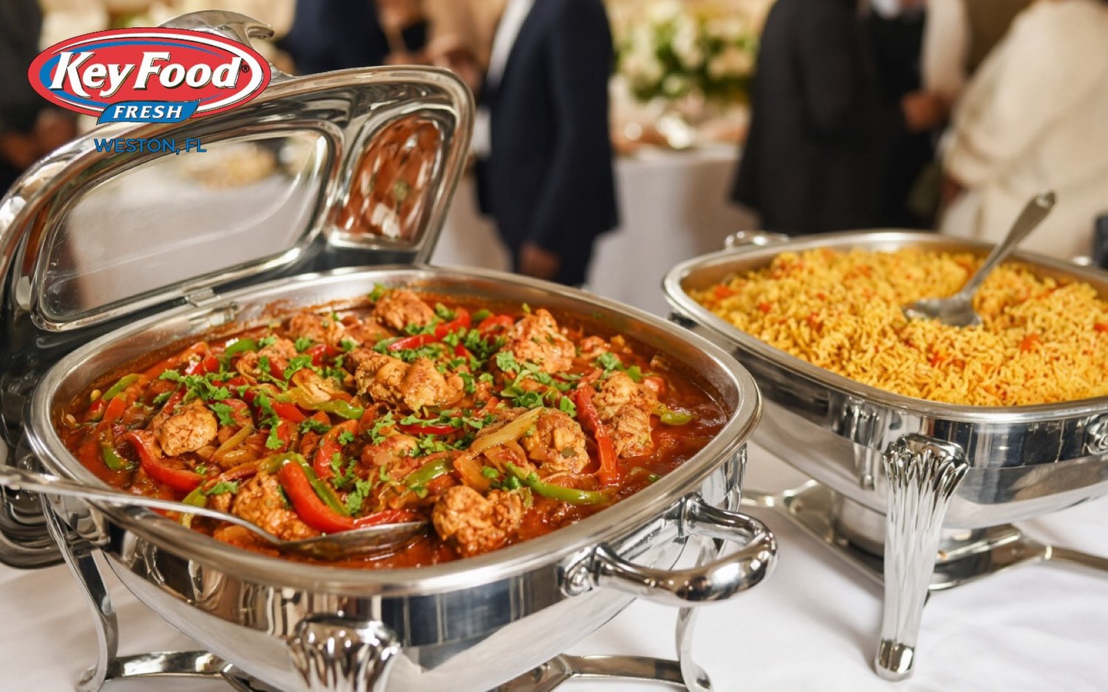 Chicken stew and yellow rice catering trays